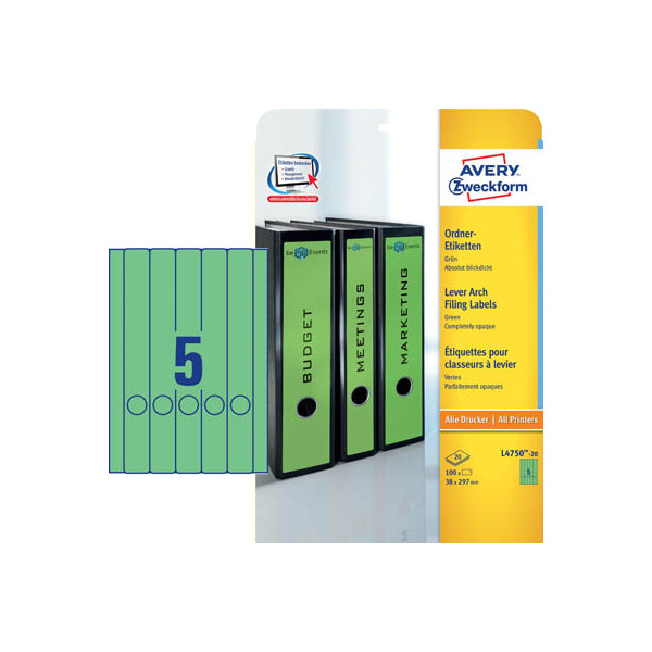 4004182047507 - selbstklebende Rückenschilder ultragrip L4750-20 grün schmal lang 38x297mm (BxH) selbstklebend permanent  4004182047507 AVERY Zw 100 S