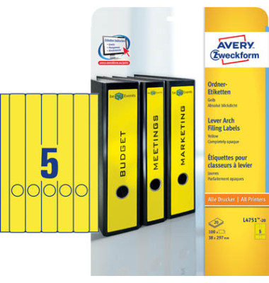 R&uuml;ckenschilder ultragrip L4751-20, gelb, schmal/lang, 38x297mm, selbstklebend, permanent 