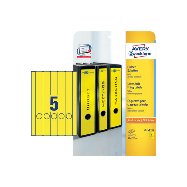 4004182047514 - selbstklebende Rückenschilder ultragrip L4751-20 gelb schmal lang 38x297mm (BxH) selbstklebend permanent  4004182047514 AVERY Zw 100 S