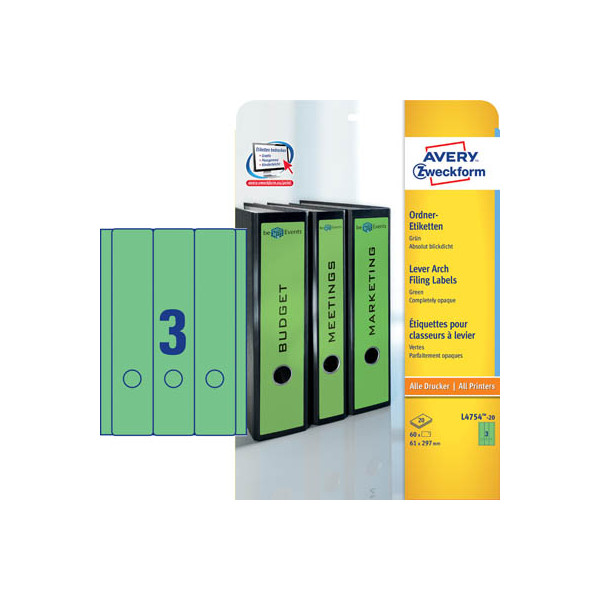 4004182047545 - selbstklebende Rückenschilder ultragrip L4754-20 grün breit lang 61x297mm (BxH) selbstklebend permanent  4004182047545 AVERY Zwe 20 Bl