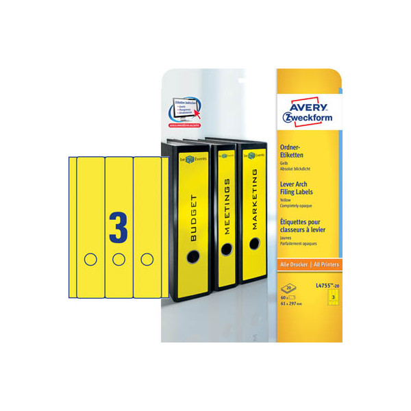 4004182047552 - selbstklebende Rückenschilder ultragrip L4755-20 gelb breit kurz 61x297mm (BxH) selbstklebend permanent  4004182047552 AVERY Zwe 20 Bl