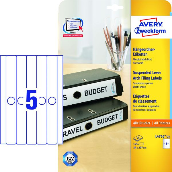 4004182047569 - L4756-25 34 x 297 mm Ordneretiketten weiß zum aufkleben für schmale Hängeordner 4004182047569 Zweckform L4756-25 125 Stück