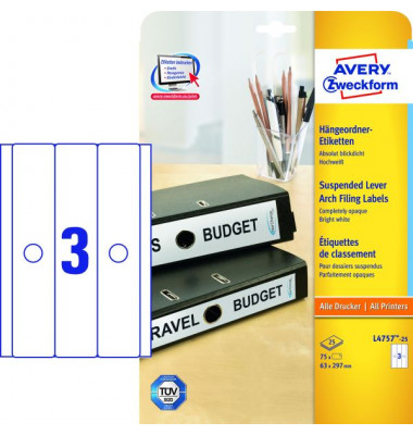 L4757-25 63 x 297 mm Ordneretiketten weiß 75 Stück für breite Hängeordner L4757-25 63 x 297 mm Ordneretiketten weiß 75 Stück für breite Hängeordner