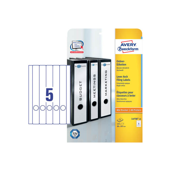4004182047583 - selbstklebende Rückenschilder ultragrip L4758-25 weiß schmal lang 38x297mm (BxH) selbstklebend permanent  4004182047583 AVERY Zw 150 S