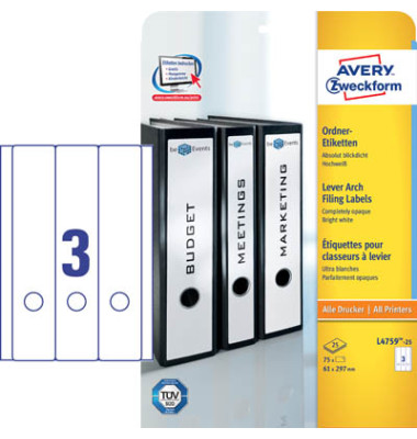 selbstklebende Rückenschilder ultragrip L4759-25 weiß breit/lang 61x297mm (BxH) selbstklebend permanent 