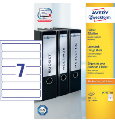 R&uuml;ckenschilder ultragrip L4760-100, wei&szlig;, schmal/kurz, 38x192mm, selbstklebend, permanent 