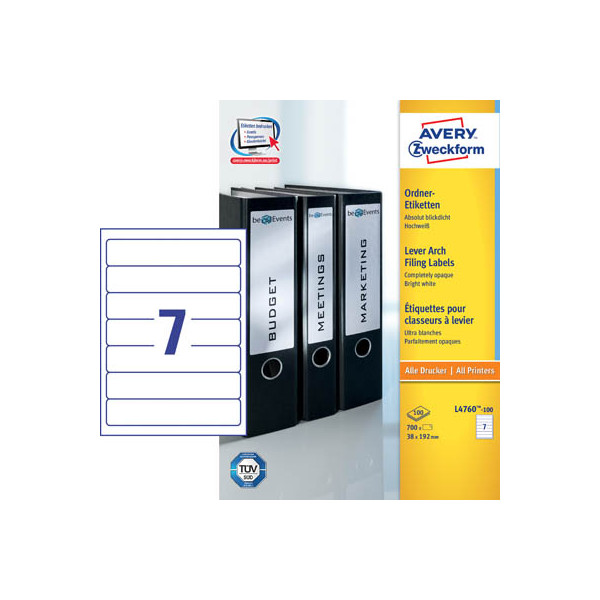 4004182036891 - selbstklebende Rückenschilder ultragrip L4760-100 weiß schmal kurz 38x192mm (BxH) selbstklebend permanent  4004182036891 AVERY Z 700 S