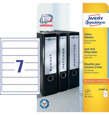 R&uuml;ckenschilder ultragrip L4760-25, wei&szlig;, schmal/kurz, 38x192mm, selbstklebend, permanent 