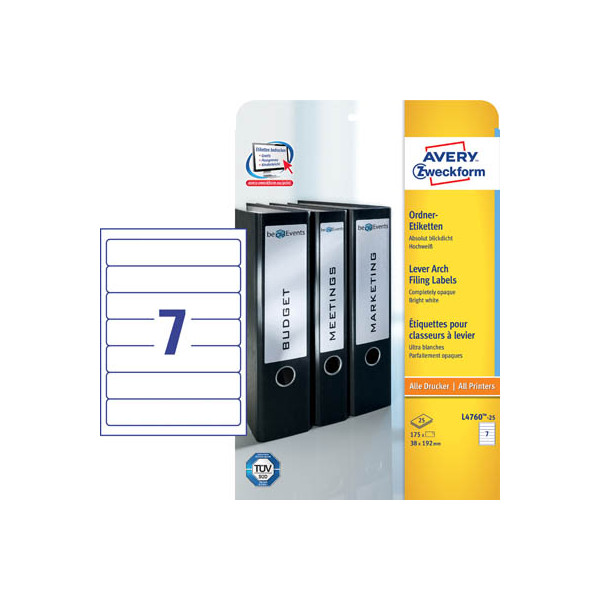 4004182047606 - selbstklebende Rückenschilder ultragrip L4760-25 weiß schmal kurz 38x192mm (BxH) selbstklebend permanent  4004182047606 AVERY Zw 210 S