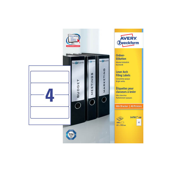 4004182036884 - selbstklebende Rückenschilder ultragrip L4761-100 weiß breit kurz 61x192mm (BxH) selbstklebend permanent  4004182036884 AVERY Zw 400 S