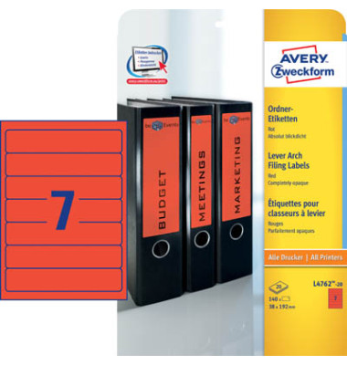 R&uuml;ckenschilder ultragrip L4762-20, rot, schmal/kurz, 38x192mm, selbstklebend, permanent 