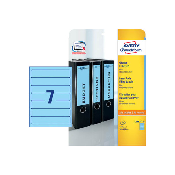 4004182047637 - selbstklebende Rückenschilder ultragrip L4763-20 blau schmal kurz 38x192mm (BxH) selbstklebend permanent  4004182047637 AVERY Zw 140 S