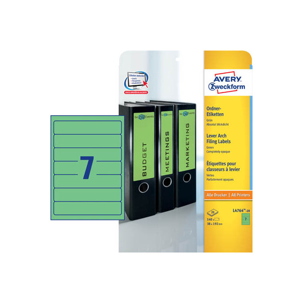 4004182047644 - selbstklebende Rückenschilder ultragrip L4764-20 grün schmal kurz 38x192mm (BxH) selbstklebend permanent  4004182047644 AVERY Zw 140 S