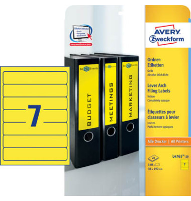 R&uuml;ckenschilder ultragrip L4765-20, gelb, schmal/kurz, 38x192mm, selbstklebend, permanent 