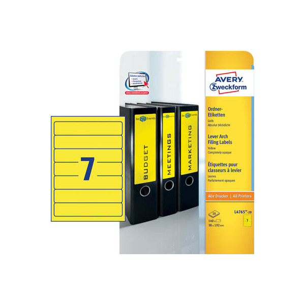 4004182047651 - selbstklebende Rückenschilder ultragrip L4765-20 gelb schmal kurz 38x192mm (BxH) selbstklebend permanent  4004182047651 AVERY Zw 140 S
