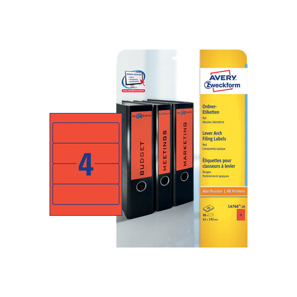 4004182047668 - selbstklebende Rückenschilder ultragrip L4766-20 rot breit kurz 61x192mm (BxH) selbstklebend permanent  4004182047668 AVERY Zwec 20 Bl