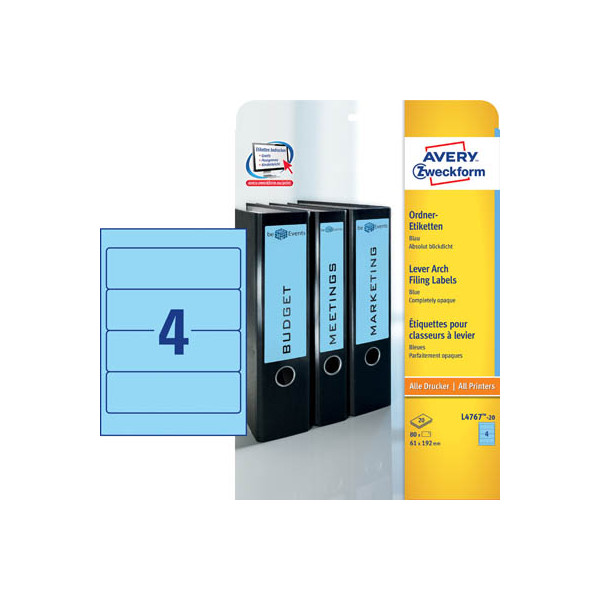 4004182047675 - selbstklebende Rückenschilder ultragrip L4767-20 blau breit kurz 61x192mm (BxH) selbstklebend permanent  4004182047675 AVERY Zwe 20 Bl