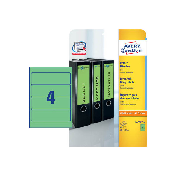 4004182047682 - selbstklebende Rückenschilder ultragrip L4768-20 grün breit kurz 61x192mm (BxH) selbstklebend permanent  4004182047682 AVERY Zwe 20 Bl