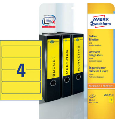 R&uuml;ckenschilder ultragrip L4769-20, gelb, breit/kurz, 61x192mm, selbstklebend, permanent 