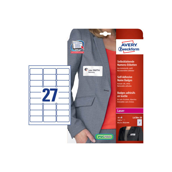 4004182047842 - L4784-20 Namens-Etiketten 635 x 296 mm Acetatseide Weiß 540 St Wiederablösbar Farblaserdrucker Laserdrucker Handbeschriftung