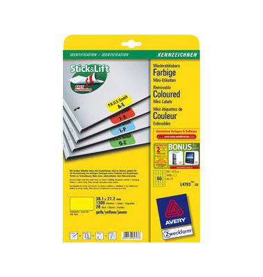 Etiketten GELB L4793-20 38,1 x 21,2 mm Mini Etiketten Stick&Lift
