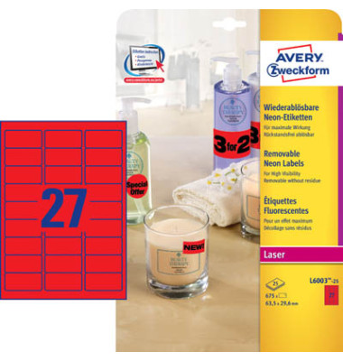 NEON Etiketten ROT L6003-25 63,5 x 29,6 mm 675 Stück ablösbar NEON Etiketten ROT L6003-25 63,5 x 29,6 mm 675 Stück ablösbar