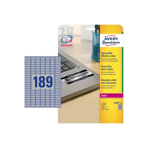 4004182060087 - Typenschildetiketten L6008-20 extrem robust geeignet für SW-Laserdrucker 254 x 10 mm 3780 Stück 20 A4-Bogen Polyesterfolie silber