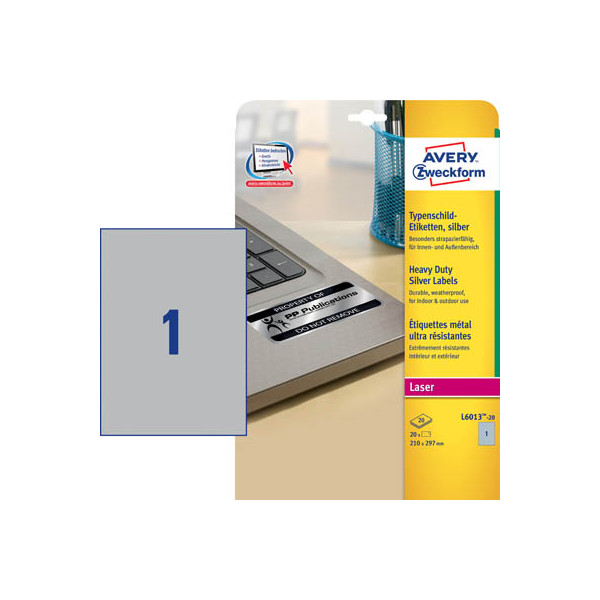 4004182060131 - Typenschildetiketten L6013-20 extrem robust geeignet für SW-Laserdrucker 210 x 297 mm 20 Stück 20 A4-Bogen Polyesterfolie silber
