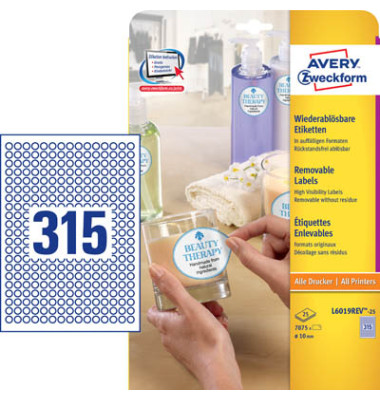 Etiketten L6019REV-25, weiß Ø 10mm, rund, 