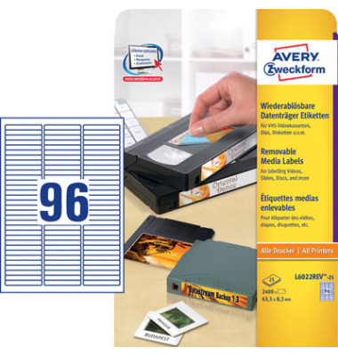 Etiketten L6022REV-25 63,5 x 8,5 mm weiß für Datenträger Hi8 8mm