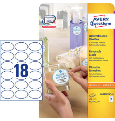 Etiketten L6024REV-25, weiß 63,5x42,3mm, oval, 