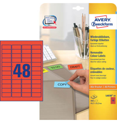 Etiketten L6038-20, rot, 45,7x21,2mm, rechteckig