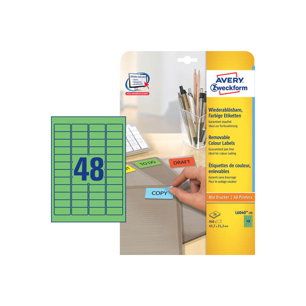 4004182060407 - L6040-20 Farbige Etiketten ablösbar A4 457 x 212 mm 20 Bogen 960 Etiketten grün - Avery Zweckform