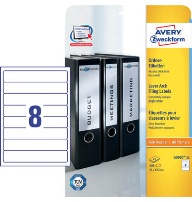 R&uuml;ckenschilder ultragrip L6060-25, wei&szlig;, schmal/kurz, 34x192mm, selbstklebend, permanent 