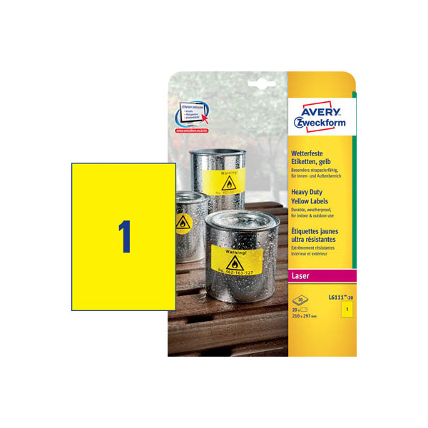4004182061114 - L6111-20 Folien-Etiketten 210 x 297 mm Polyester-Folie Gelb 20 St Permanent haftend Farblaserdrucker Laserdrucker Farbkopierer Kopierer