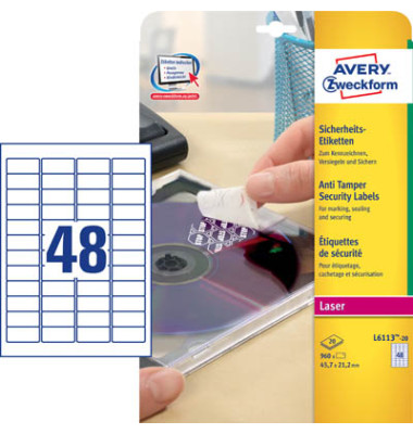 Sicherheits Etiketten L6113-20 45,7 x 21,2 mm weiß PE Folie
