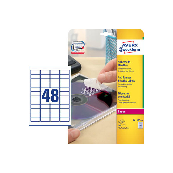 4004182061138 - Avery® Zweckform Etiketten L6113-20 manipulationssicher permanenthaftend druckergeeignet rechteckig Polyester matt weiß 960 Stück auf 20 Bogen