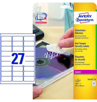 Sicherheits Etiketten L6114-20 63,5 x 29,6 mm weiß 540 Stück Sicherheits Etiketten L6114-20 63,5 x 29,6 mm weiß 540 Stück