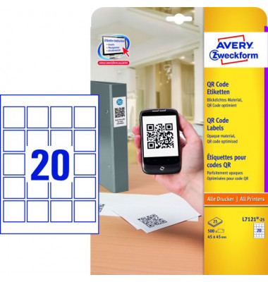QR-Code-Etiketten Blickdichte Etiketten L7121-25 weiß quadratisch 45x45mm permanent 500 Stück 