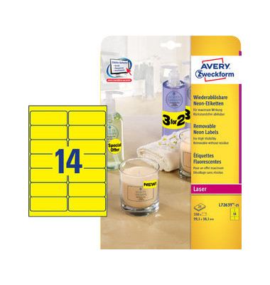 NEON Etiketten GELB L7263Y-25 99,1 x 38,1 mm 350 Stück ablösbar NEON Etiketten GELB L7263Y-25 99,1 x 38,1 mm 350 Stück ablösbar
