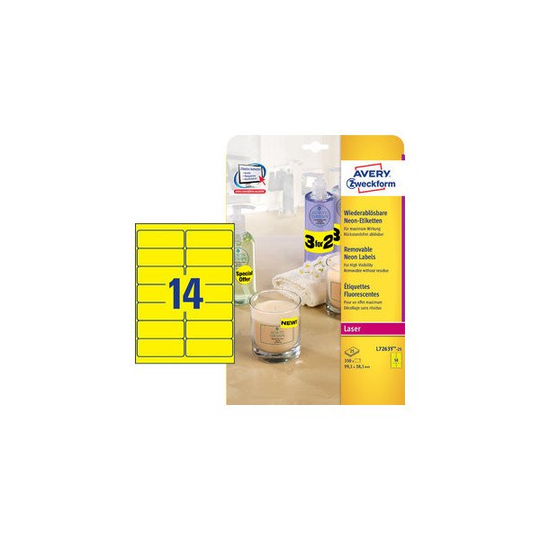 4004182608432 - Avery Neon-Etiketten L7263Y-25 zum Beschriften ablösbar Papier gelb 991 x 381 mm 25 x A4 Bögen 350 Stk