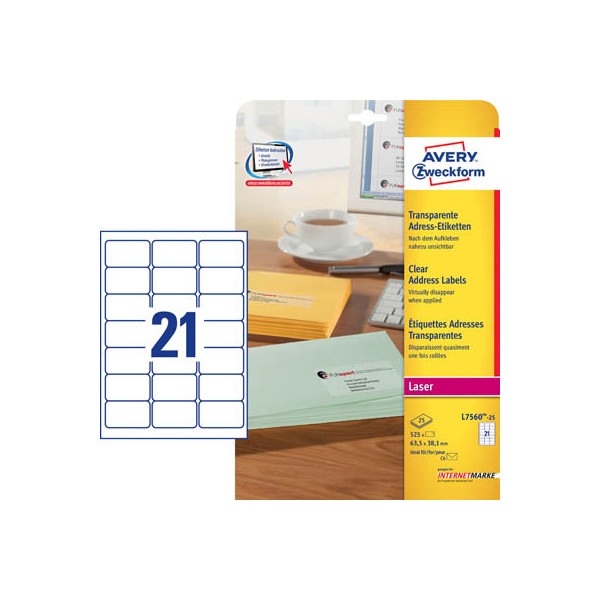 4004182235348 - AVERY Zweckform Abziehhilfe QuickPEEL Wasserabweisend Selbsthaftend Adressetiketten L7560-25 Selbsthaftend DIN A4 Transparent 635 x 381 mm 25 Blatt à 21 Etiketten