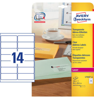 L7563-25 Adress Etiketten 99,1 x 38,1 mm transparent Folie