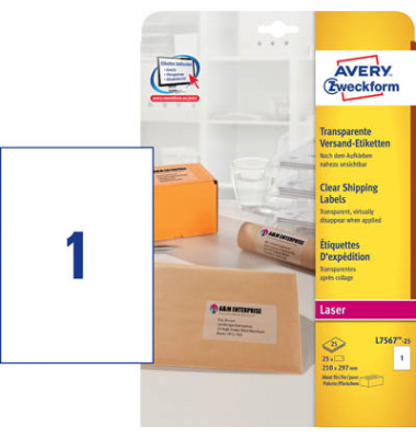 L7567-25 Adress Etiketten 210 x 297 mm transparent Folie
