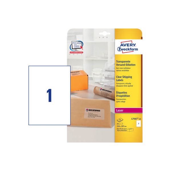 4004182047774 - AVERY Zweckform Abziehhilfe QuickPEEL Wasserabweisend Selbsthaftend Versandetiketten L7567-25 Selbsthaftend DIN A4 Transparent 210 x 297 mm 25 Blatt à 1 Etiketten