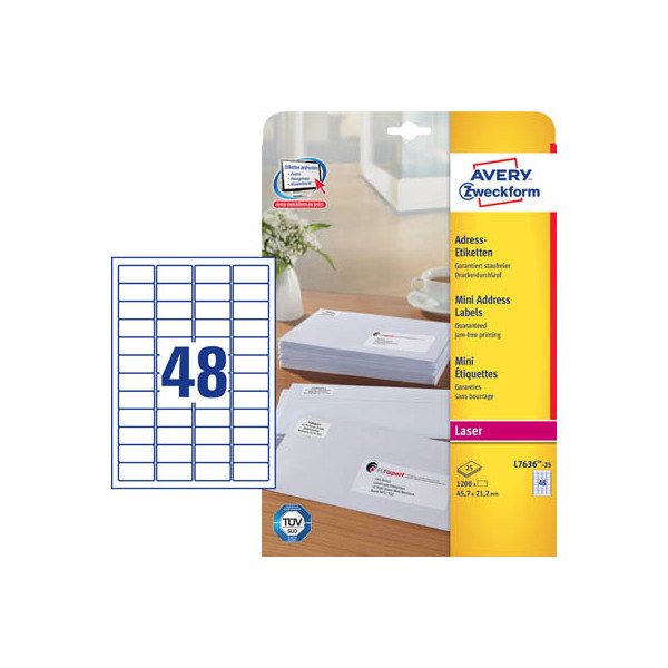 4004182609255 - AVERY Zweckform Abziehhilfe QuickPEELultragrip Adressetiketten L7636-25 Selbsthaftend DIN A4 Weiß 457 x 212 mm 25 Blatt à 48 Etiketten