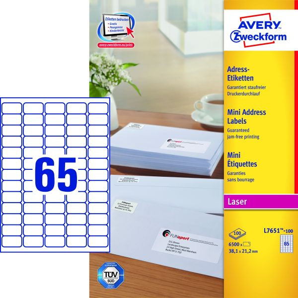 5701044460816 - Etiketten L7651-100 381 x 212 mm weiß Minietiketten 5701044460816 Zweckform L7651-100 6500 Stück