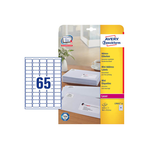 4004182236512 - AVERY Zweckform Abziehhilfe QuickPEELultragrip Adressetiketten L7651-25 Selbsthaftend DIN A4 Weiß 381 x 212 mm 25 Blatt à 65 Etiketten