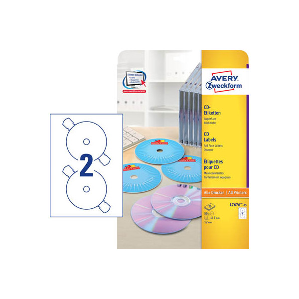 4004182236529 - AVERY Zweckform CD DVD Etiketten L7676-25 haftend DIN A4 Weiß 117 mm 25 Blatt à 2 Etiketten