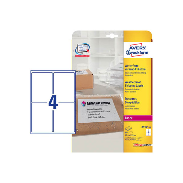 4004182048962 - - Zweckform L7994 - Permanente selbstklebende wetterfeste Versandetiketten - wei - 991 x 139 mm - 100 Etikett(en) (25 Bogen x 4) - (L7994-25)